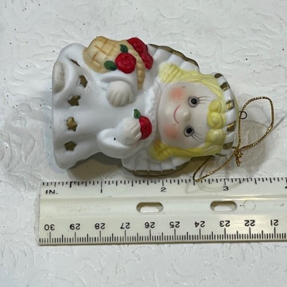 VTG 80's Angel Christmas Bell Tree Ornament Ceramic with Red Roses 2"x3" - Picture 12 of 13